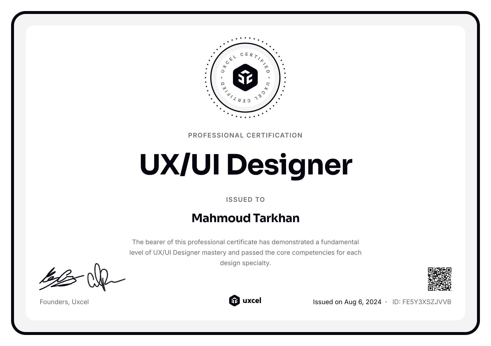 Mahmoud Tarkhan's certificate